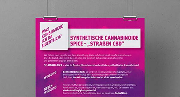 Poster zur Information über die aktuelle Entwicklung von synthetischen Cannabinoiden in Liquids für E-Zigaretten